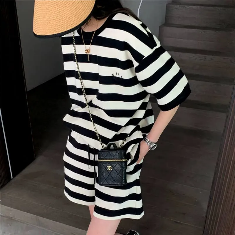 2 Pcs Women's Short Sleeve Striped/Checked/Polkadot/Weave Shorts Set  409345 - S