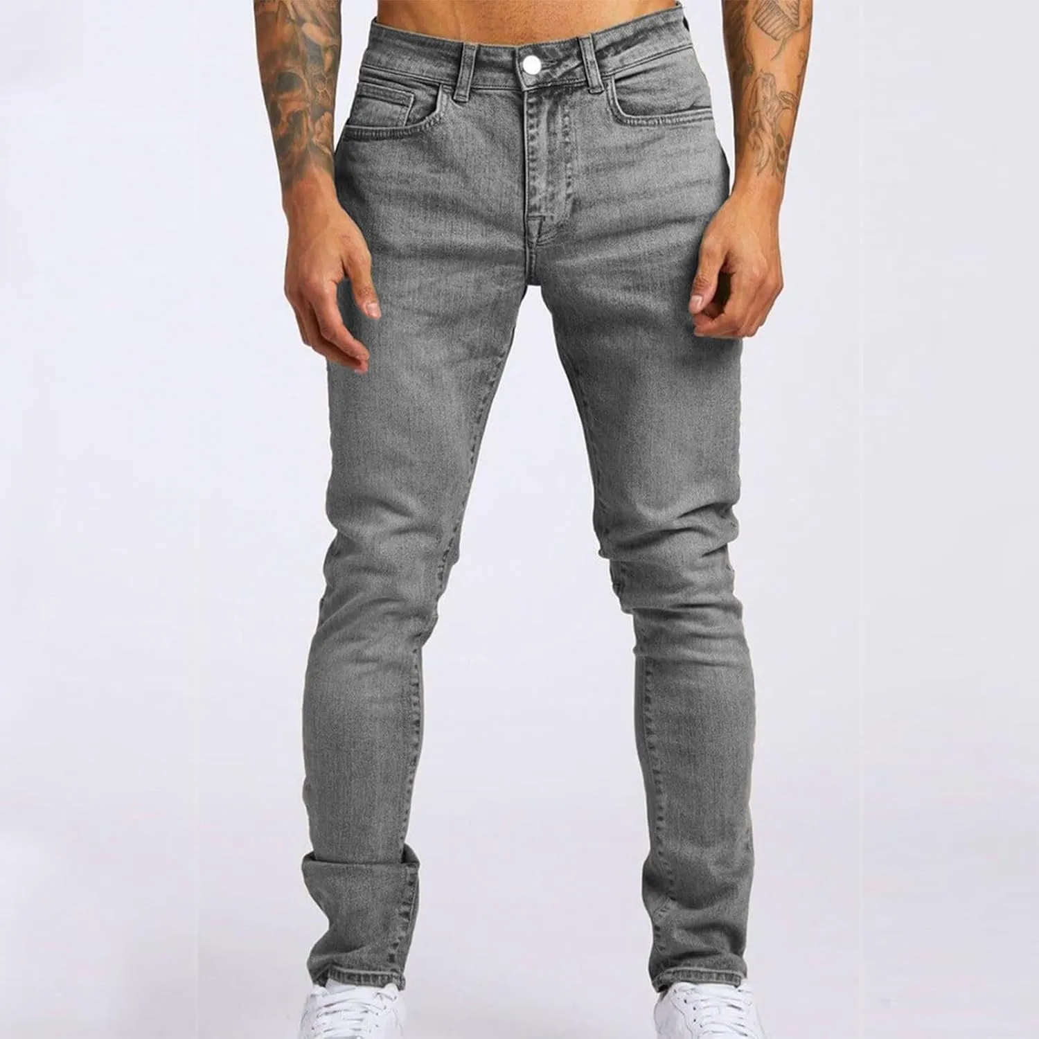 2025 Men's Casual Pants Stretchy Pleated Jeans Slim Fit Denim Pants