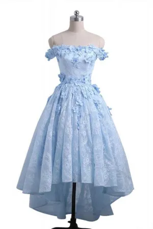 A Line Off Shoulder High Low Homecoming Appliqued Lace Party Dresses