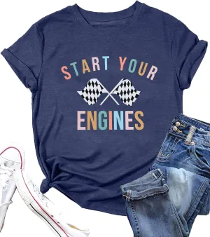BANGELY Start Your Engines Tshirt Checkered Flag Racing Shirts Raceday Casual Unisex Short Sleeve Tee Tops