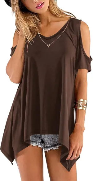 Beluring Womens Cold Shoulder Tops Summer Short Sleeve V Neck Casual Tunic Tee Shirts