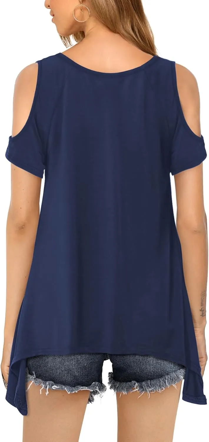 Beluring Womens Cold Shoulder Tops Summer Short Sleeve V Neck Casual Tunic Tee Shirts