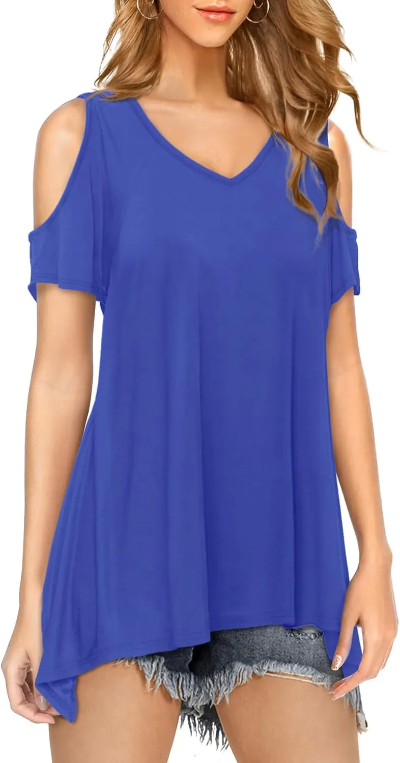 Beluring Womens Cold Shoulder Tops Summer Short Sleeve V Neck Casual Tunic Tee Shirts