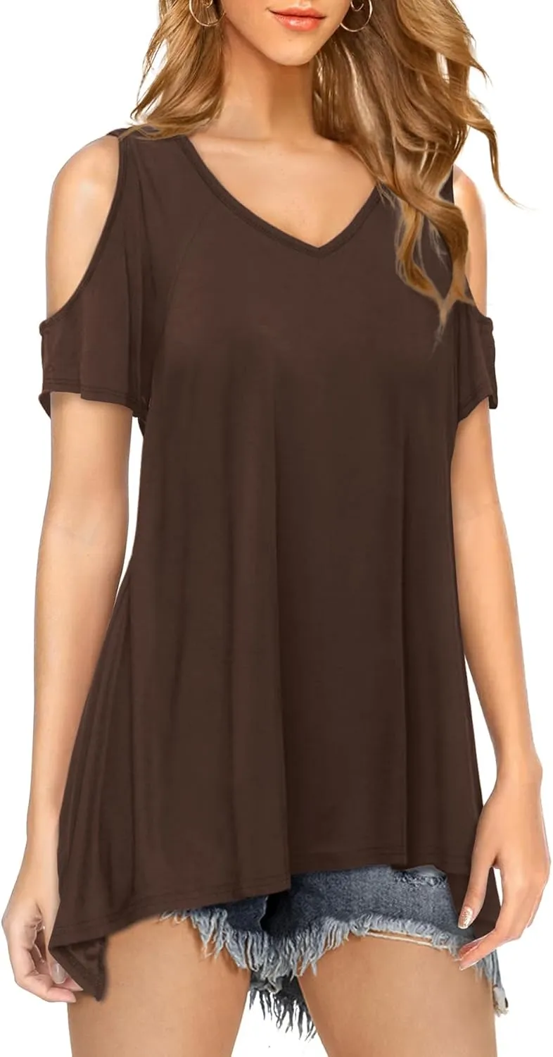 Beluring Womens Cold Shoulder Tops Summer Short Sleeve V Neck Casual Tunic Tee Shirts