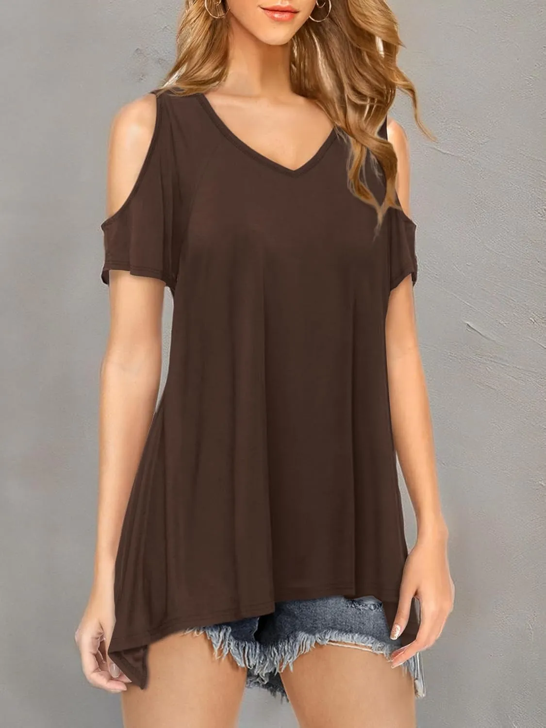 Beluring Womens Cold Shoulder Tops Summer Short Sleeve V Neck Casual Tunic Tee Shirts