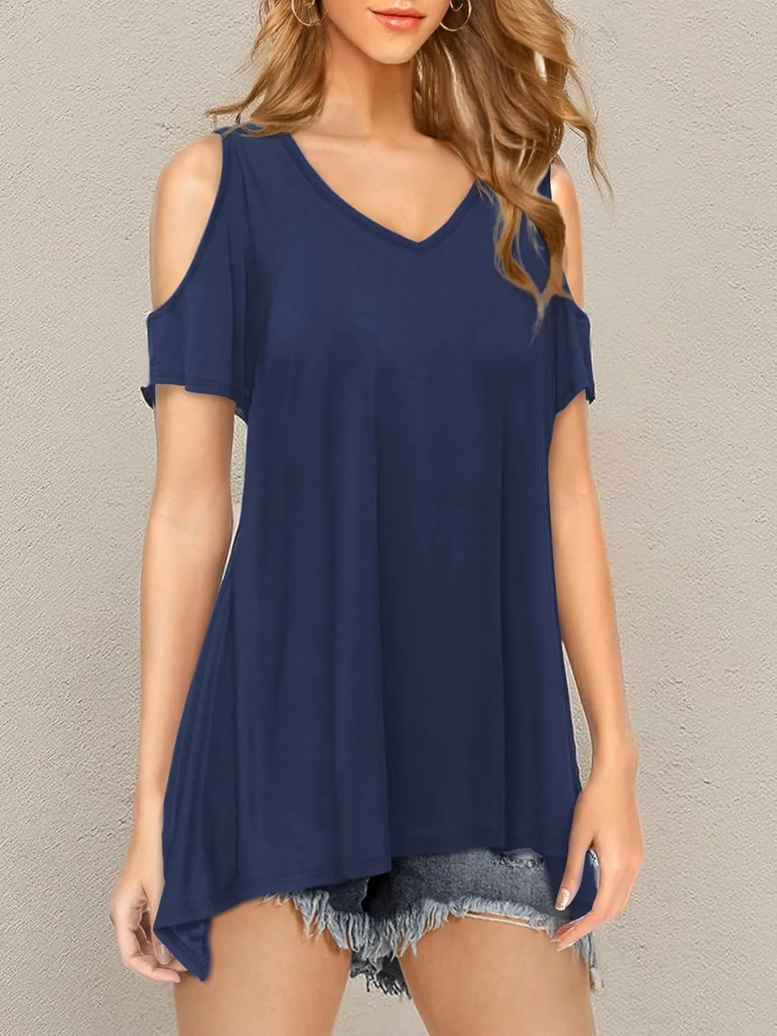 Beluring Womens Cold Shoulder Tops Summer Short Sleeve V Neck Casual Tunic Tee Shirts