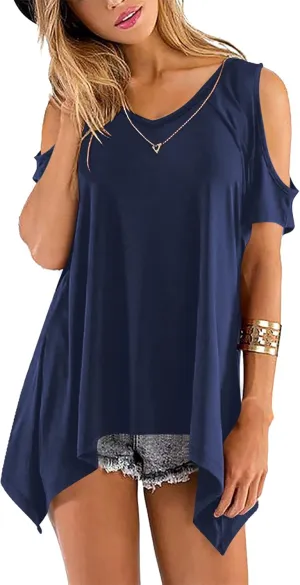 Beluring Womens Cold Shoulder Tops Summer Short Sleeve V Neck Casual Tunic Tee Shirts