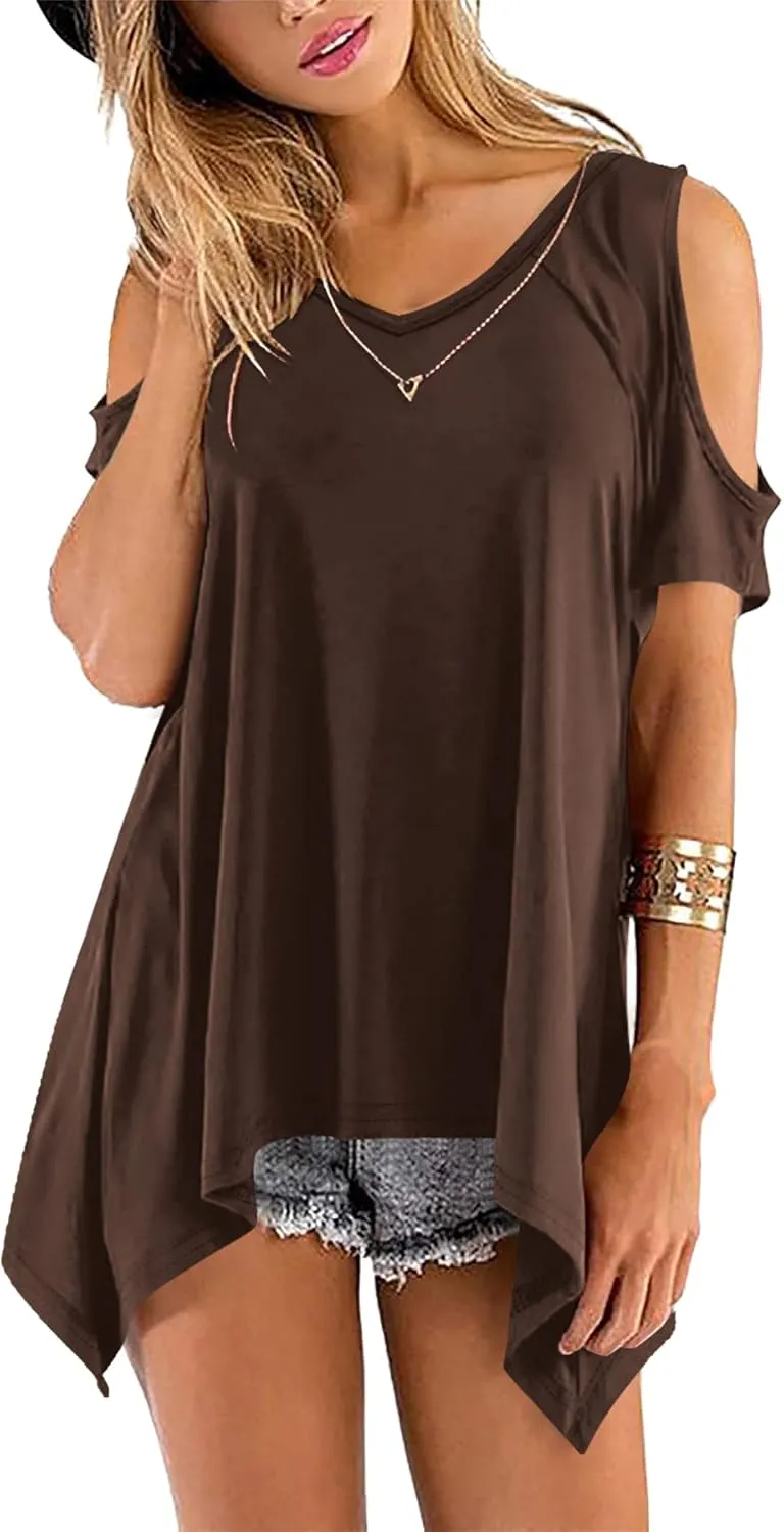 Beluring Womens Cold Shoulder Tops Summer Short Sleeve V Neck Casual Tunic Tee Shirts