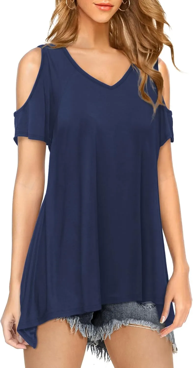 Beluring Womens Cold Shoulder Tops Summer Short Sleeve V Neck Casual Tunic Tee Shirts