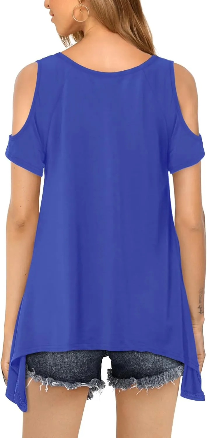 Beluring Womens Cold Shoulder Tops Summer Short Sleeve V Neck Casual Tunic Tee Shirts
