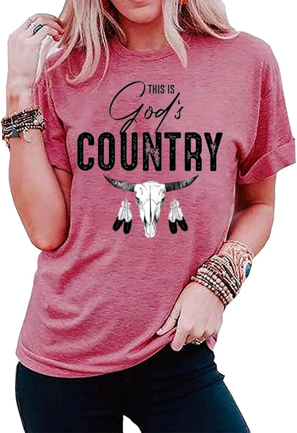 Country Music Tshirts Women Funny Rodeo Cowboy Shirts Vintage Western Steer Skull Graphic Shirt Casual Cowgirl T-Shirt