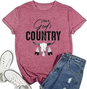 Country Music Tshirts Women Funny Rodeo Cowboy Shirts Vintage Western Steer Skull Graphic Shirt Casual Cowgirl T-Shirt