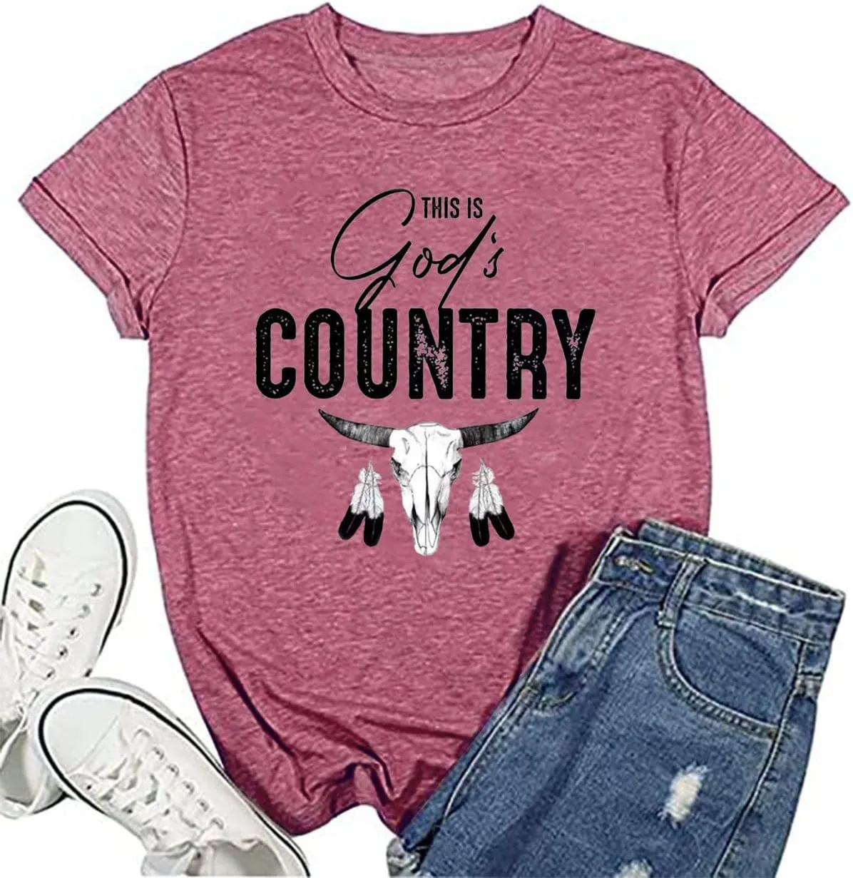 Country Music Tshirts Women Funny Rodeo Cowboy Shirts Vintage Western Steer Skull Graphic Shirt Casual Cowgirl T-Shirt