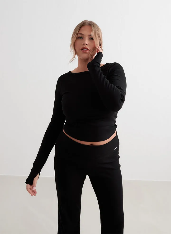 Ease Ribbed Long Sleeve Top | Black