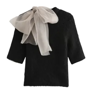 Elegant Black Knitted Top with Sheer Bow
