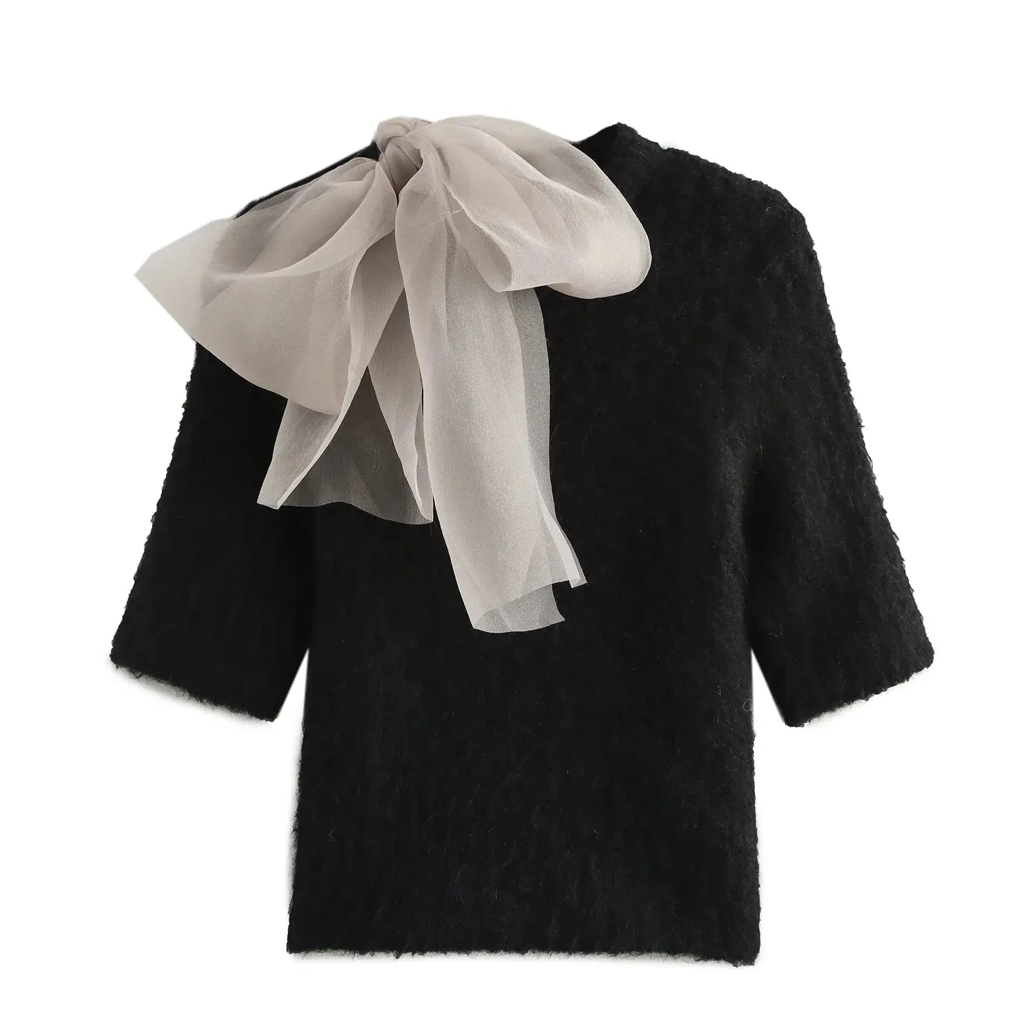 Elegant Black Knitted Top with Sheer Bow
