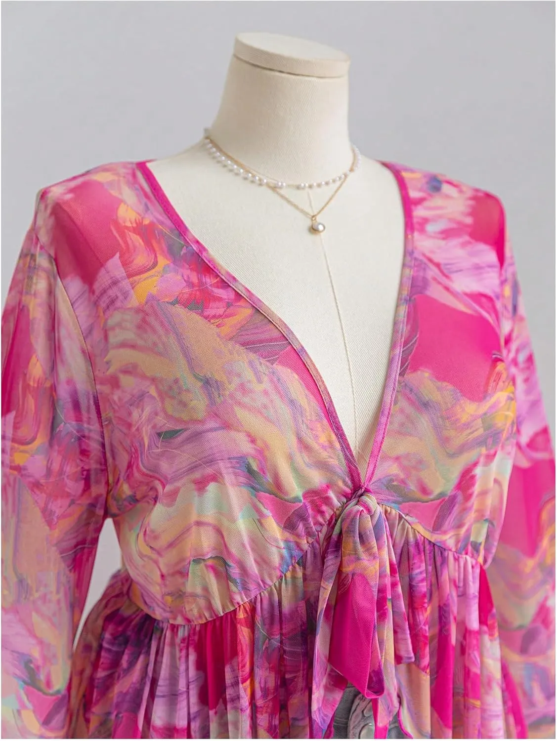 Floerns Women's Plus Size V Neck Flare Sleeve Tie Front Boho Peplum Tee Shirt