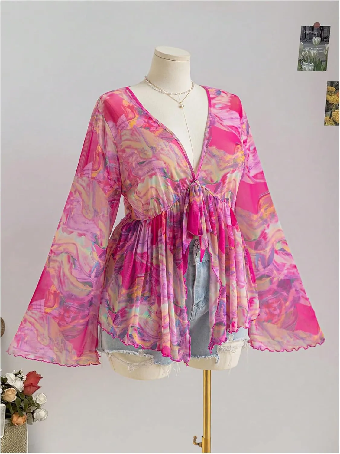 Floerns Women's Plus Size V Neck Flare Sleeve Tie Front Boho Peplum Tee Shirt