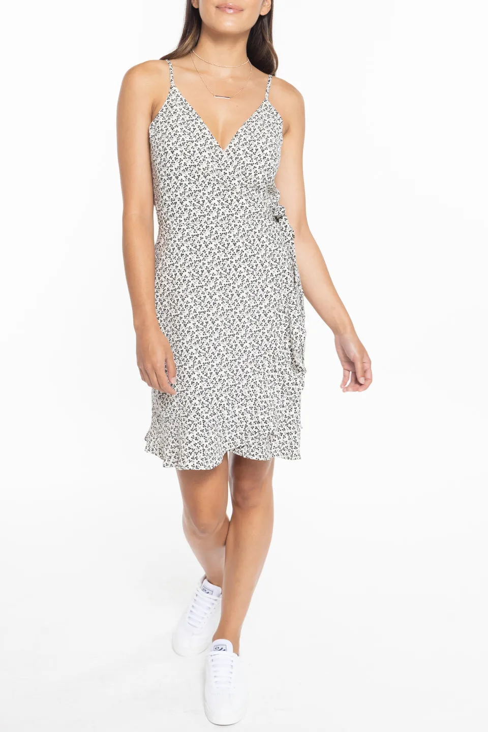 Flourish White Crinkle Clover Strappy Mini Wrap Dress