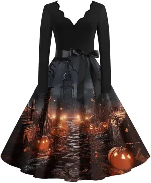 Halloween Dresses for Women V Neck Long Sleeve Fall Costumes 1950s Wrap Plus Size Dresses
