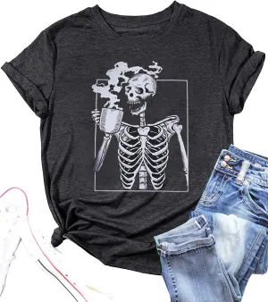 Halloween Hot Coffee Skeleton Shirt Funny Vintage Skull Graphic Shirts Casual Horror Fall Tee Tops