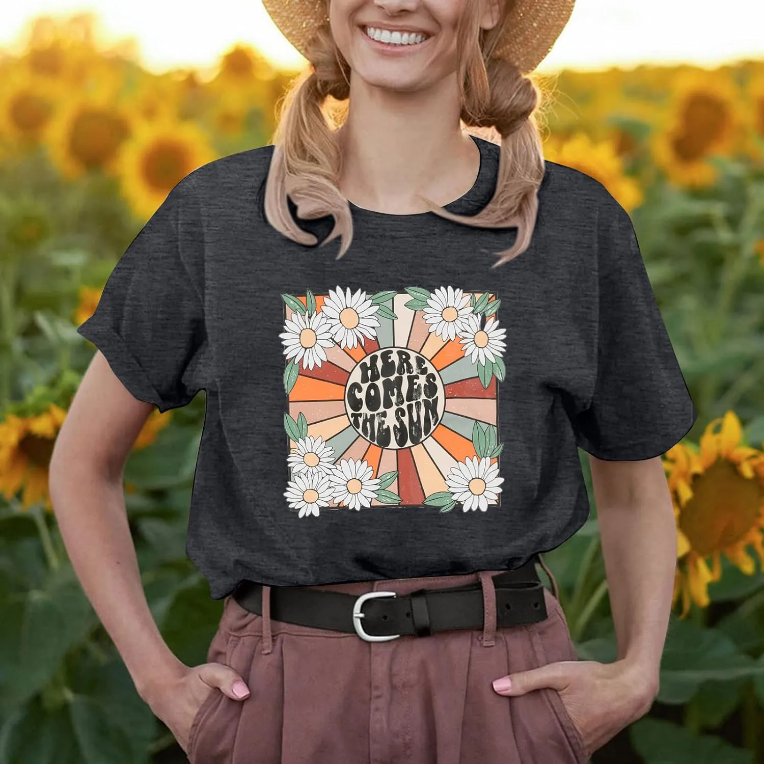 Here Come The Sun Shirt Women Cute Floral Graphic Tshirt Travel Beach Vacation Shirt Casual Holiday Summer Tee Tops