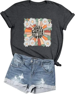 Here Come The Sun Shirt Women Cute Floral Graphic Tshirt Travel Beach Vacation Shirt Casual Holiday Summer Tee Tops