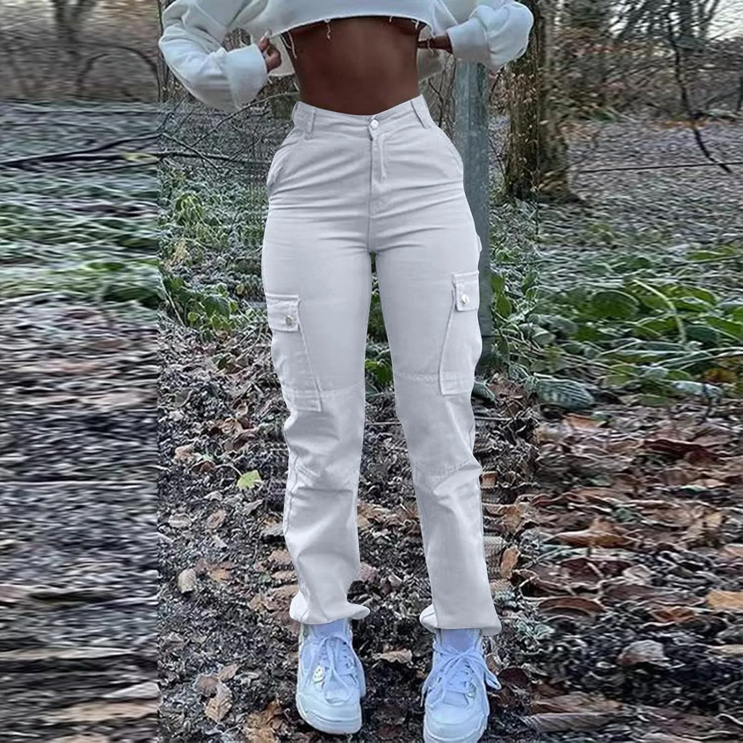 High Waisted Cargo Pants for Women Casual Baggy Cargo Jeans Straight Wide Leg Trousers Stretchy Pants with Pockets