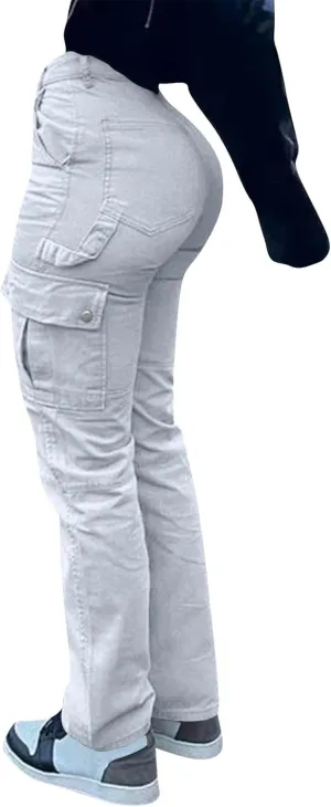 High Waisted Cargo Pants for Women Casual Baggy Cargo Jeans Straight Wide Leg Trousers Stretchy Pants with Pockets
