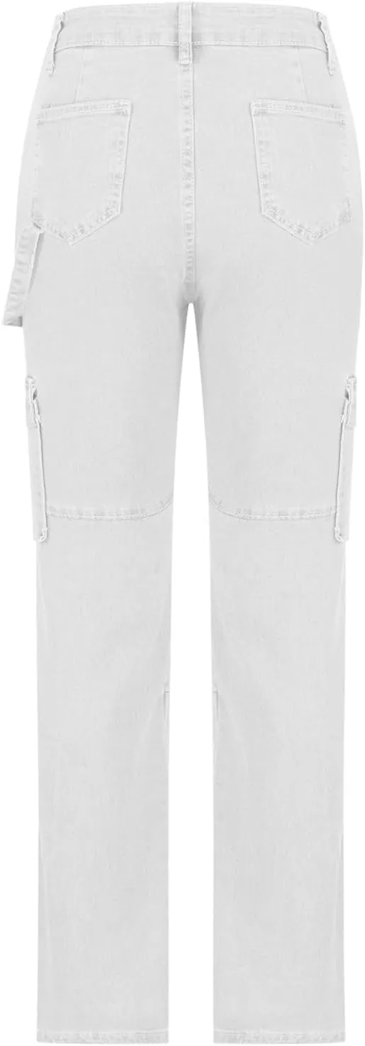 High Waisted Cargo Pants for Women Casual Baggy Cargo Jeans Straight Wide Leg Trousers Stretchy Pants with Pockets