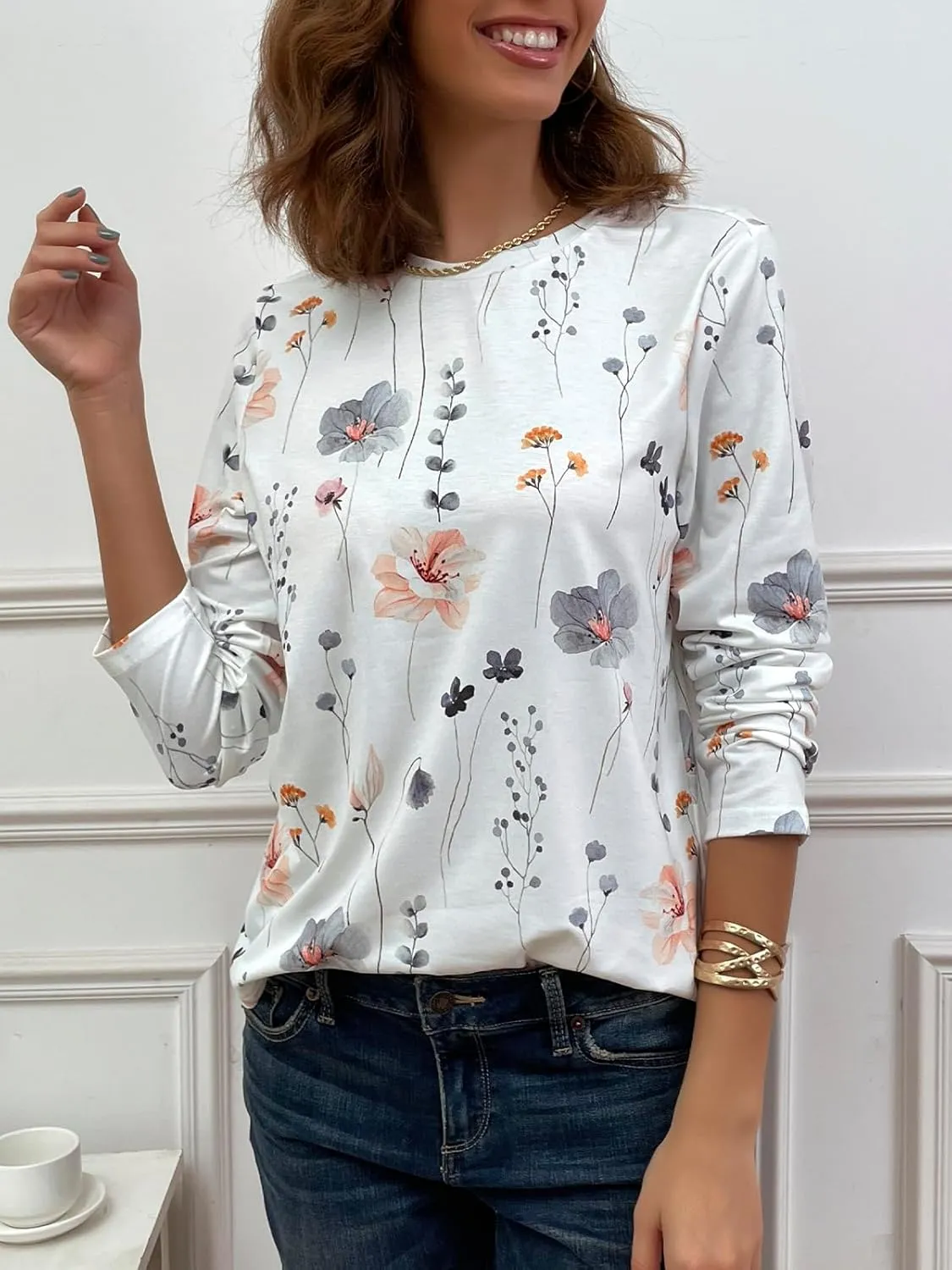 JUSTFASHIONNOW Womens Long Sleeve Tops Casual Shirts for Women Summer Flower Printed T Shirt Crewneck Floral Tee