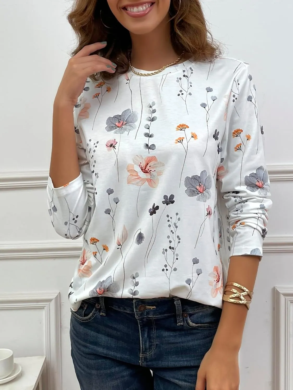 JUSTFASHIONNOW Womens Long Sleeve Tops Casual Shirts for Women Summer Flower Printed T Shirt Crewneck Floral Tee