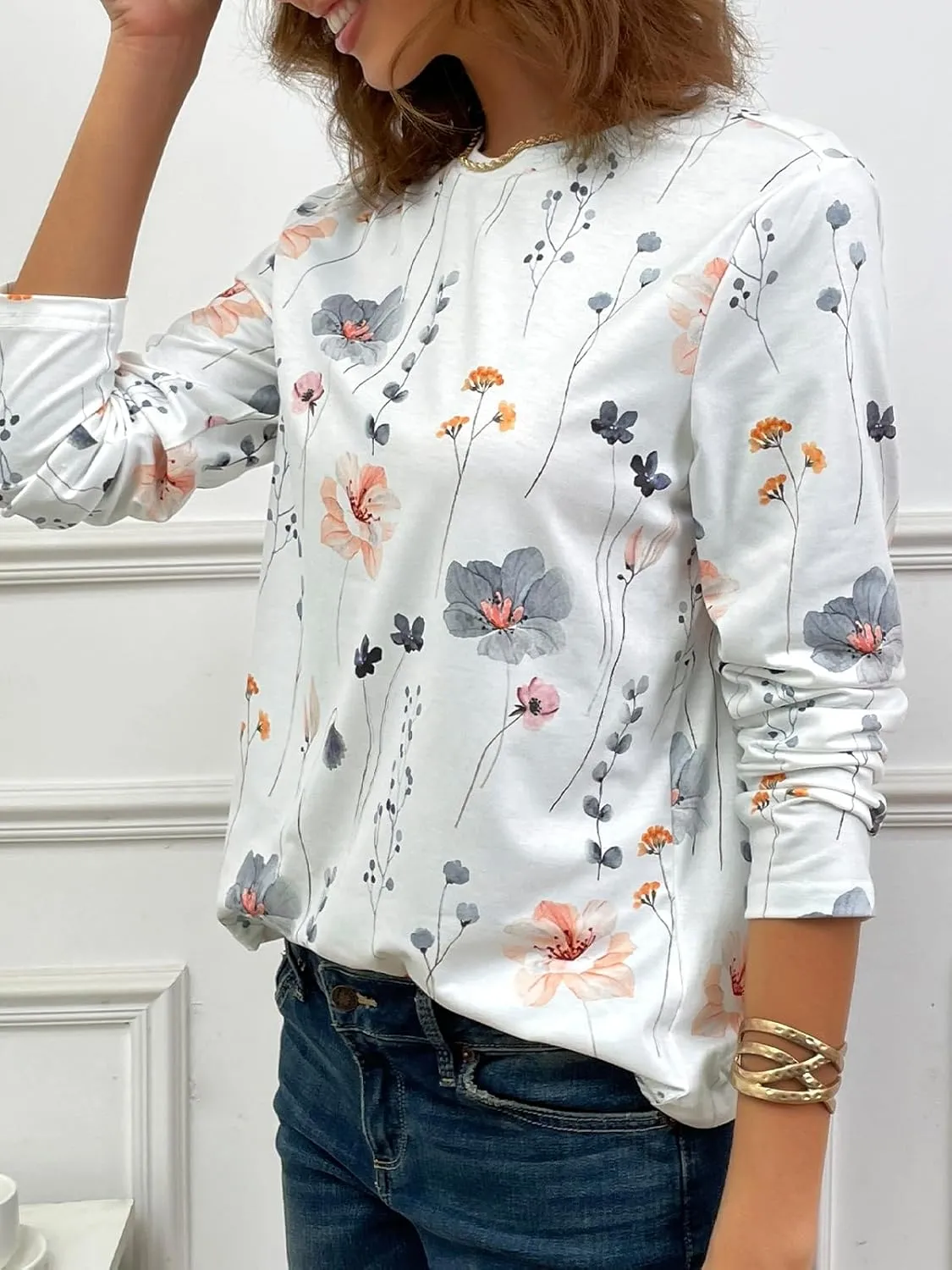 JUSTFASHIONNOW Womens Long Sleeve Tops Casual Shirts for Women Summer Flower Printed T Shirt Crewneck Floral Tee