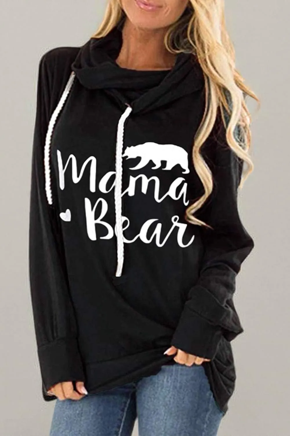 KAKALOT Women's Mama Bear Print Cowl Neck Hooded Sweatshirt Drawstring Pullover Top