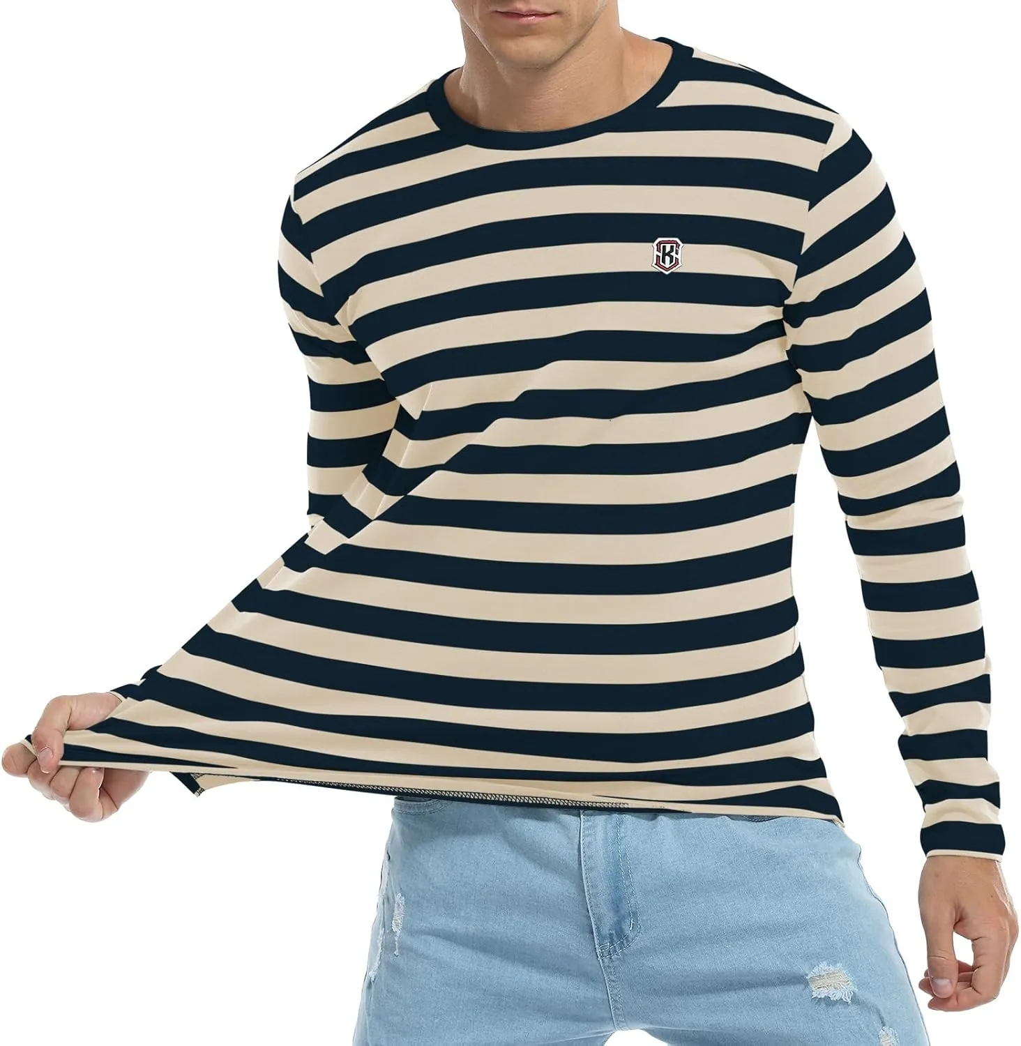 KESIHAN Men's Casual Striped Shirts Crewneck Long Sleeve Basic T-Shirt Basic Daily Work Stripe Tee Tops