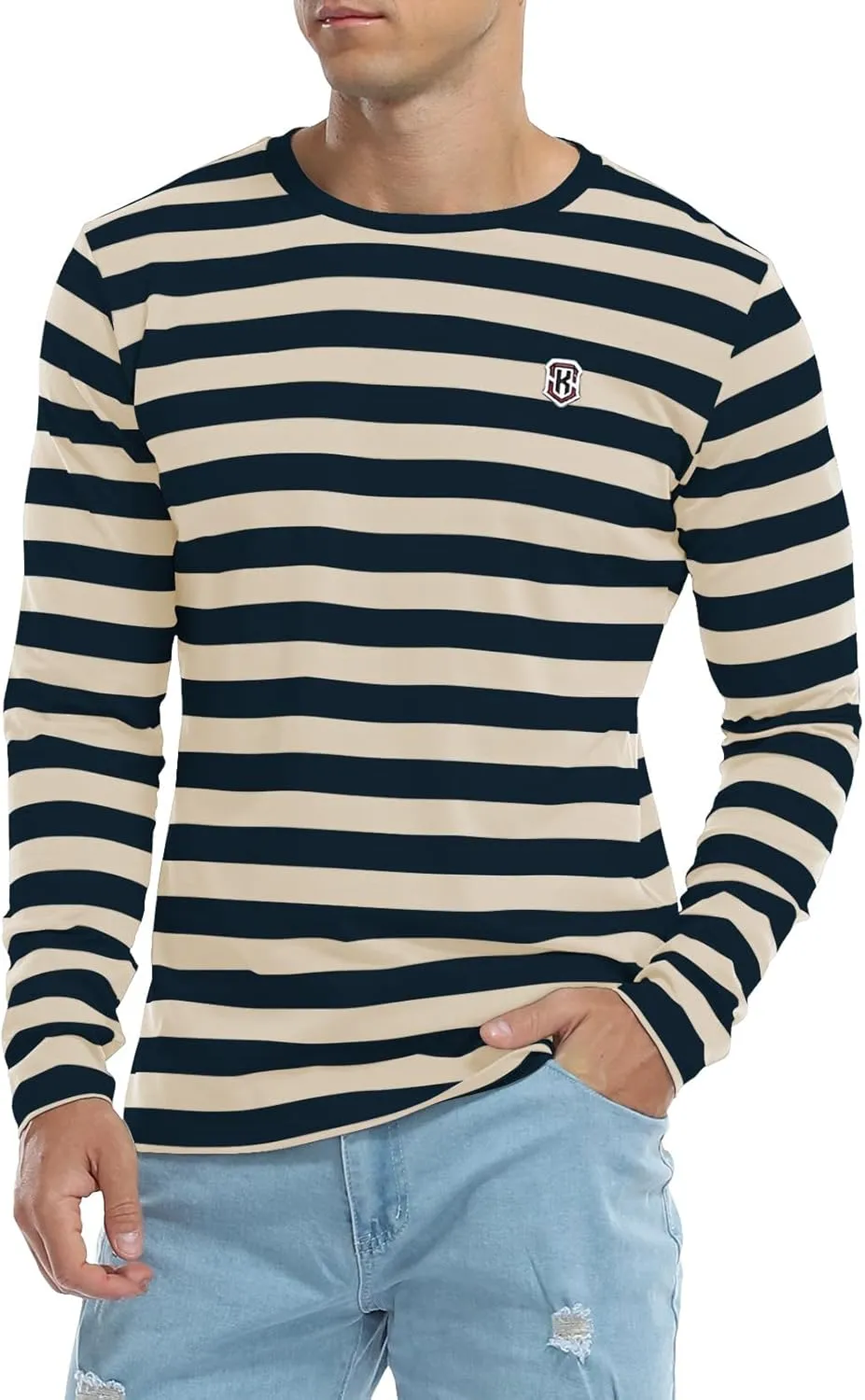 KESIHAN Men's Casual Striped Shirts Crewneck Long Sleeve Basic T-Shirt Basic Daily Work Stripe Tee Tops