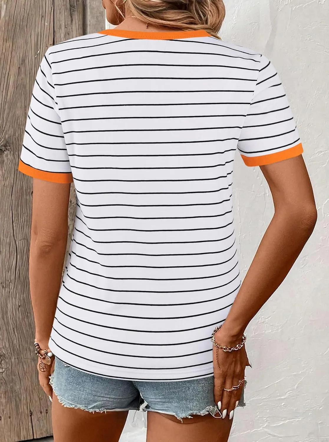 LilyCoco Women's Striped Shirt Short Sleeve Color Block Tops Notched Neck Summer Tee