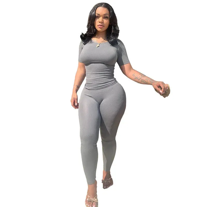 Lounge Wear Ribbed Casual 2 Piece Summer Shorts Set For Women  Sleeve Top Elastic Leggings Outfits