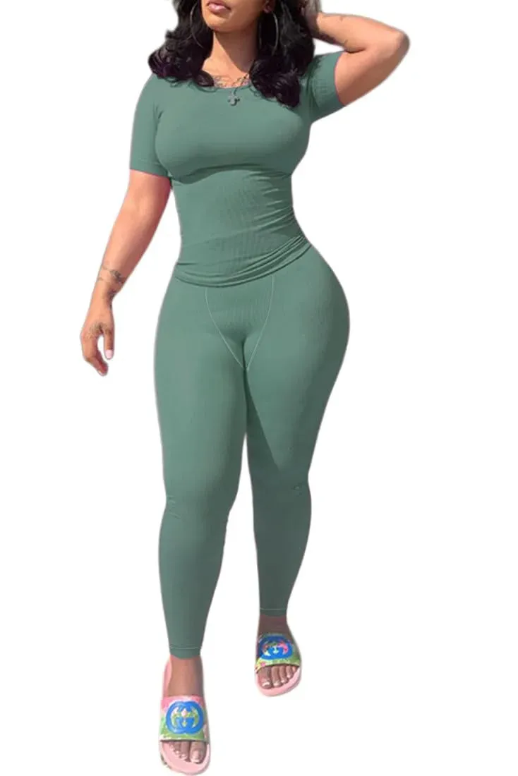 Lounge Wear Ribbed Casual 2 Piece Summer Shorts Set For Women  Sleeve Top Elastic Leggings Outfits