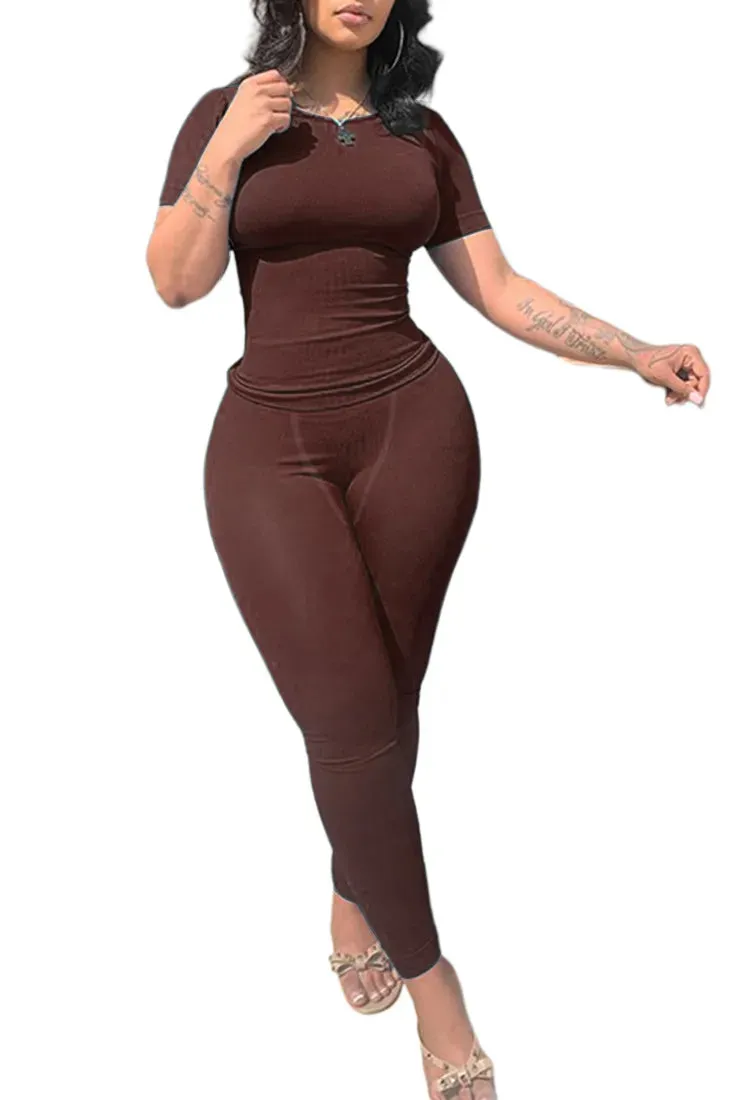 Lounge Wear Ribbed Casual 2 Piece Summer Shorts Set For Women  Sleeve Top Elastic Leggings Outfits