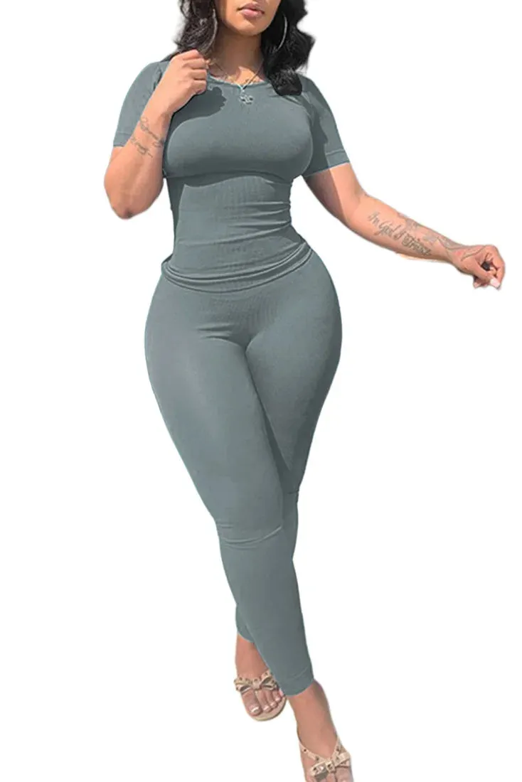 Lounge Wear Ribbed Casual 2 Piece Summer Shorts Set For Women  Sleeve Top Elastic Leggings Outfits