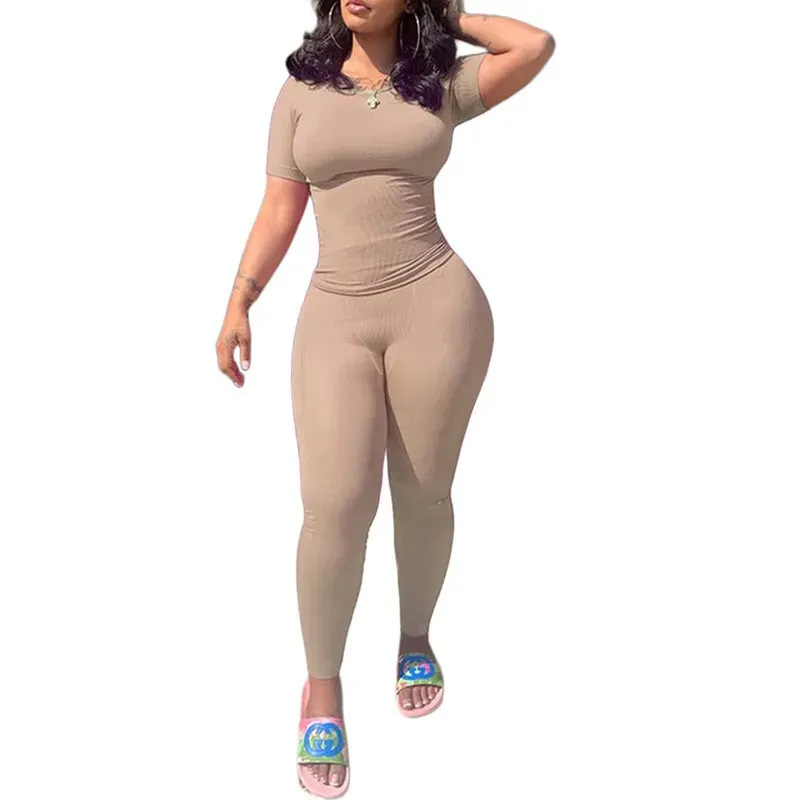 Lounge Wear Ribbed Casual 2 Piece Summer Shorts Set For Women  Sleeve Top Elastic Leggings Outfits