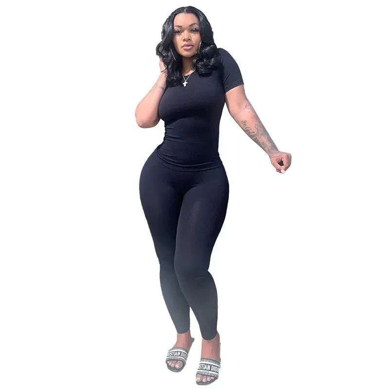 Lounge Wear Ribbed Casual 2 Piece Summer Shorts Set For Women  Sleeve Top Elastic Leggings Outfits