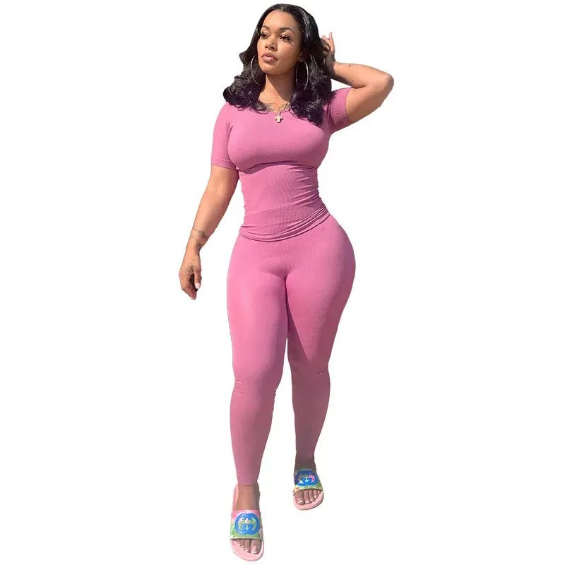 Lounge Wear Ribbed Casual 2 Piece Summer Shorts Set For Women  Sleeve Top Elastic Leggings Outfits