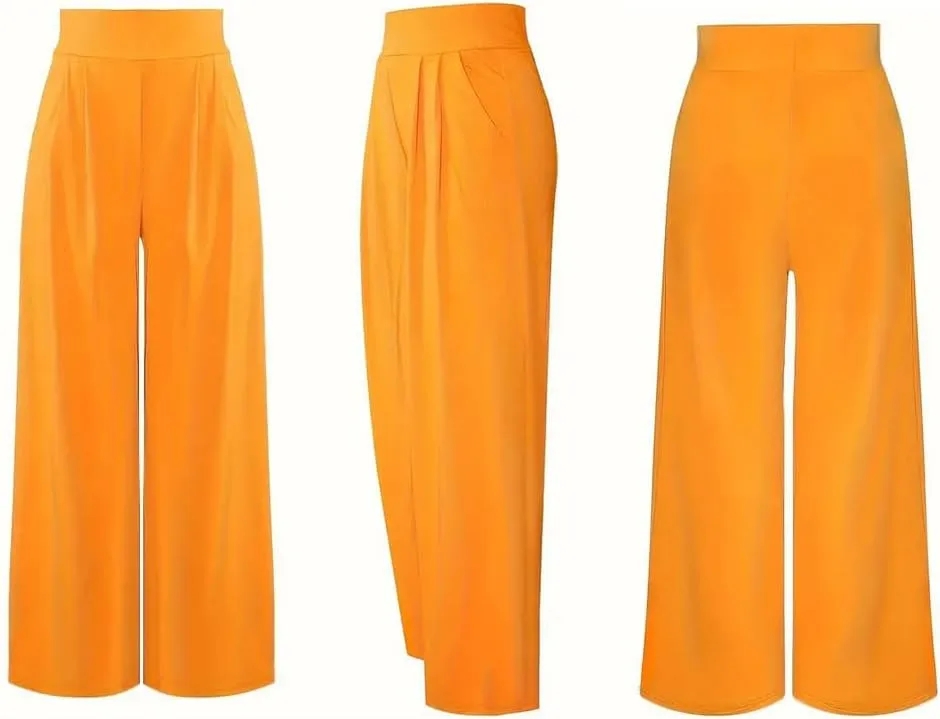 LROSEY Women Casual Stretchy Wide Leg Palazzo Pants with Pockets Flowy Dress Pants High Waisted Trousers