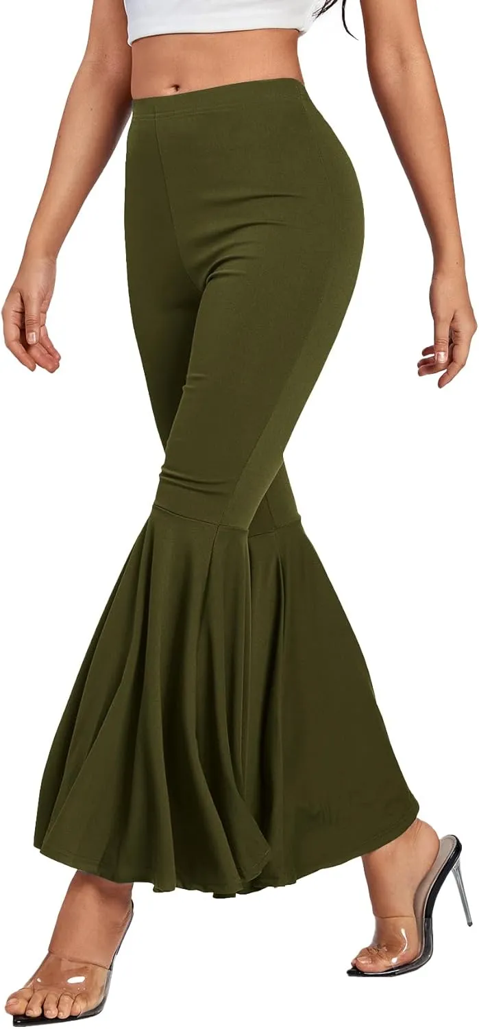 LYANER Women's Casual High Waist Ruffle Flare Pants Wide Leg Solid Stretchy Bell Bottom