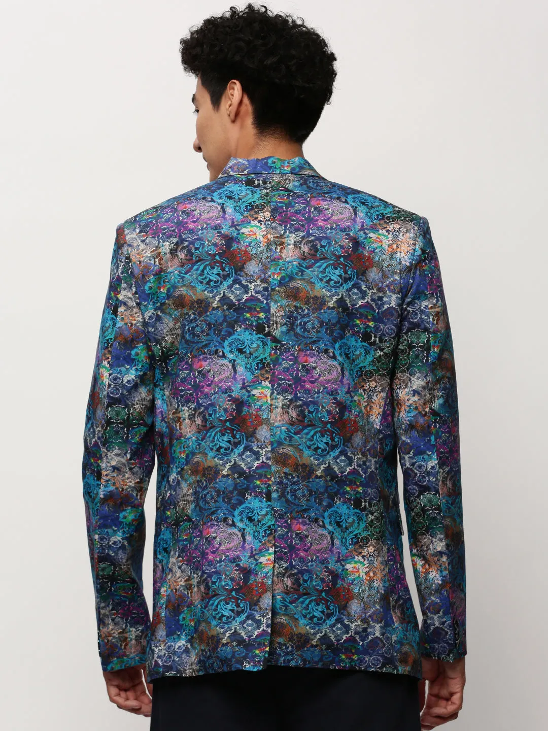 Men Blue Slim-Fit Printed Notched Lapel Collar Single Breasted Cotton Casual Blazer