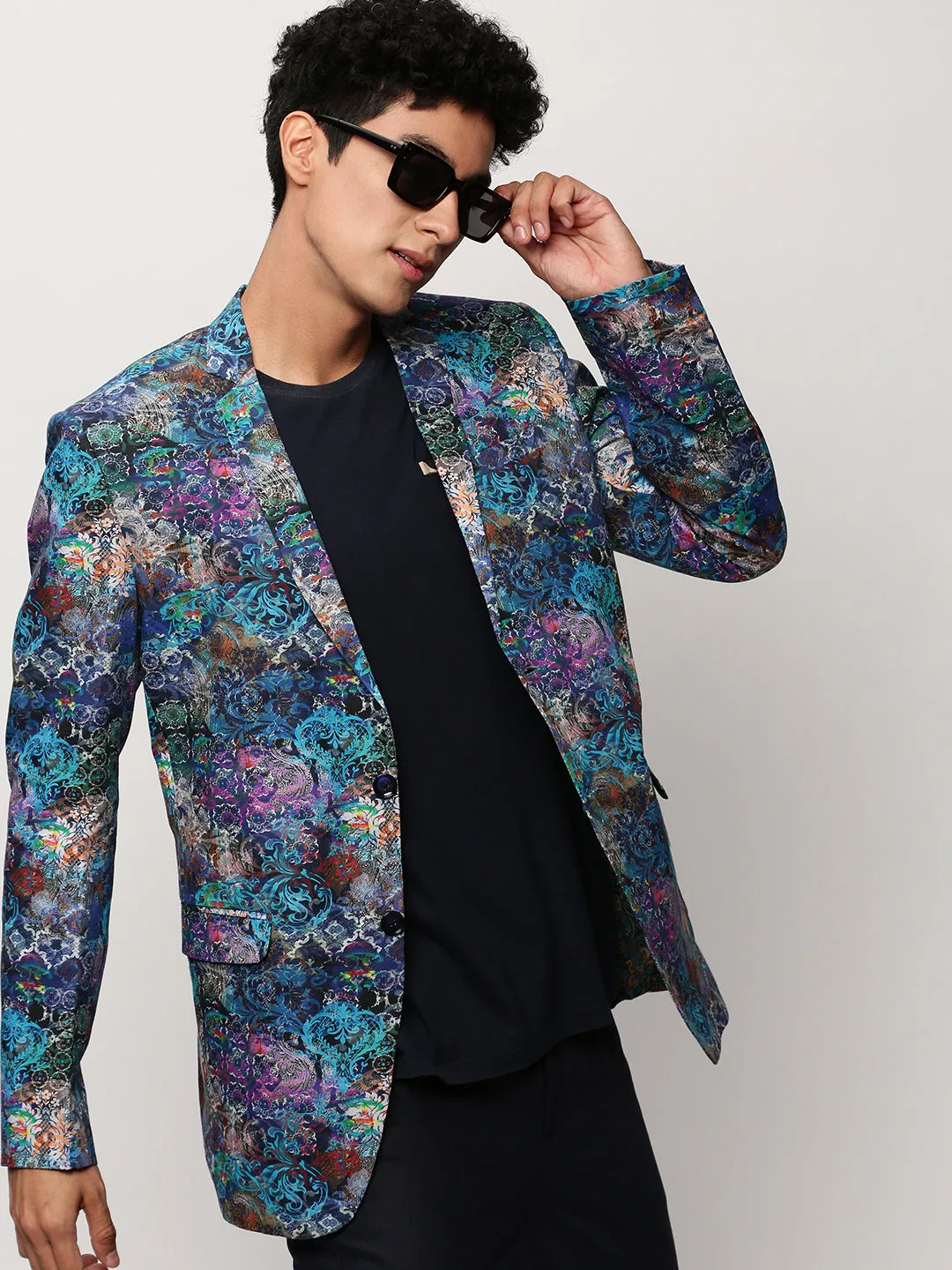 Men Blue Slim-Fit Printed Notched Lapel Collar Single Breasted Cotton Casual Blazer