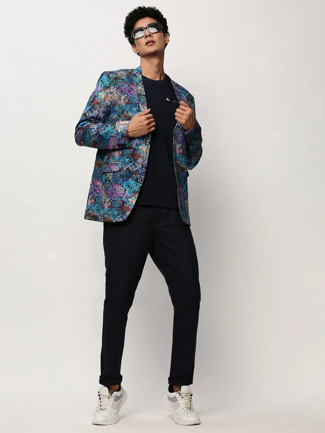 Men Blue Slim-Fit Printed Notched Lapel Collar Single Breasted Cotton Casual Blazer