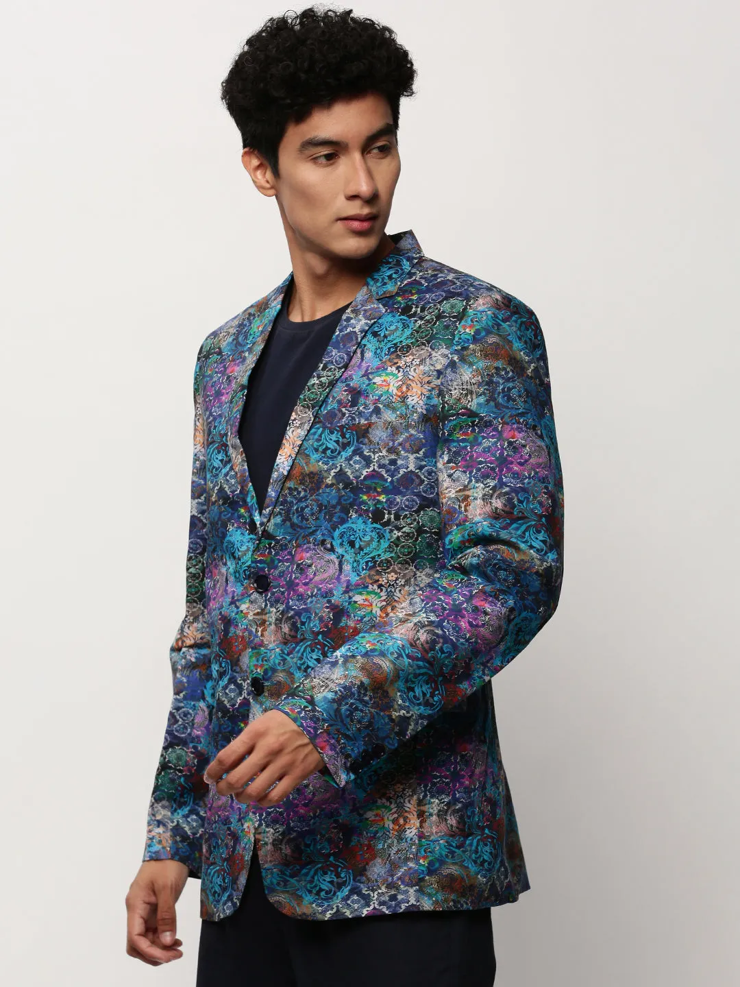 Men Blue Slim-Fit Printed Notched Lapel Collar Single Breasted Cotton Casual Blazer